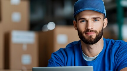 Portrait of a male engineer wearing a blue jumpsuit standing in a warehouse and overseeing with a laptop computer in hand managing and supervising the facility and machinery