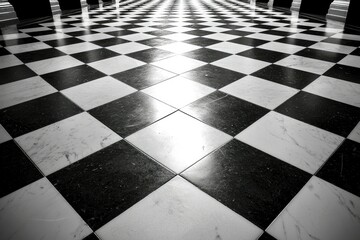 Black and White Checkerboard Floor with Light Reflecting Off the Tiles