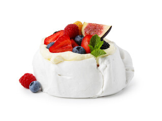 Sticker - Pavlova cake (meringue dessert) with whipped cream, fresh berries, mint and fig isolated on white