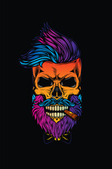 Wall Mural - Hipster skull with beard and mustache with cigar in mouth.. Original vector illustration in vintage style. T-shirt design.