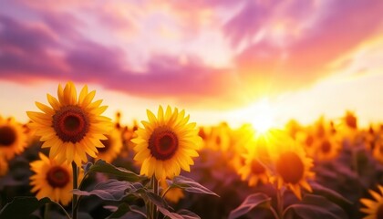 Wall Mural - Sunflower field illuminated by the last rays of the setting sun, with a dramatic sky in shades of orange, pink, and purple Wideangle view, soft and peaceful ambiance