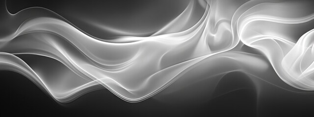 Abstract white smoke waves flowing on a dark grey background.