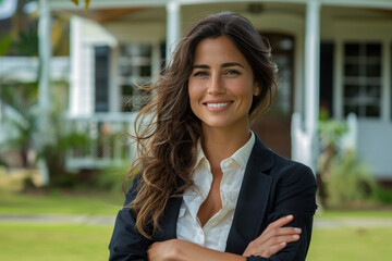 A smiling female real estate agent standing in front of a luxury house with her arms crossed, looking at the camera and smiling.