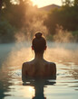© Dzenka - Tranquil woman enjoying misty sunrise in relaxing warm water spa for wellness retreat