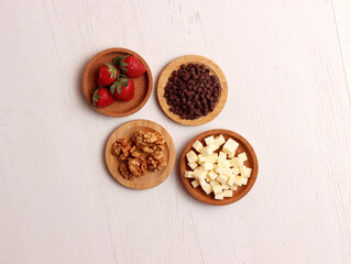 menu snack ingredient photo chocolate chips strawberry walnut cheese dessert sweet food kitchen set