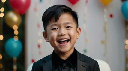 Male asian boy in black attire on kids party background