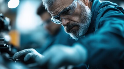 An experienced mechanic with safety glasses intensely concentrates on a task in a busy workshop, highlighting dedication and skill in the engineering profession.