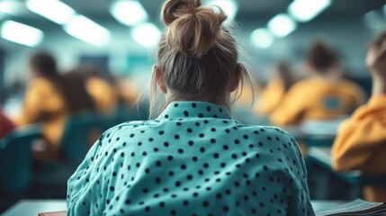 A young woman is seen from behind, wearing a teal polka dot shirt. She sits in a busy classroom environment filled with students, emphasizing a learning atmosphere.