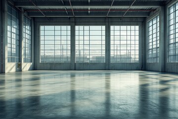Wall Mural - Empty warehouse interior with sunlight shining through large windows