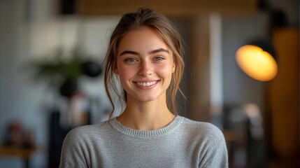 Smiling young woman standing in a studio, Generative AI