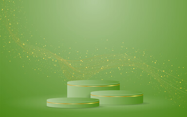 Aufkleber - Multi-tiered green podium with elegant gold wave lines on the back for product presentation. Display of cosmetic products. Stage or podium. vector illustration	