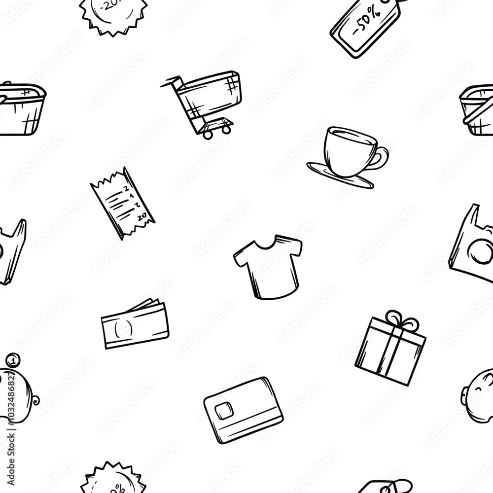 Simple black and white seamless pattern with shopping cart, gift, money ...