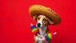 © fotoluigi868 - Red background with dog wearing sombrero and maracas is generated by AI art software featuring colorful graphics and space for added text