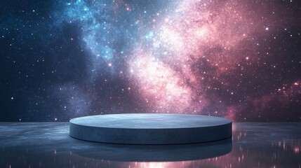 Aufkleber - A circular platform stands on a reflective surface, bathed in the glow of a vibrant galaxy filled with stars. The colorful nebula stretches across the cosmic backdrop, creating a mystical atmosphere.