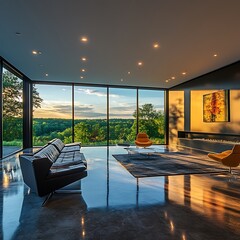 Poster - Modern Living Room with Panoramic Window View and Sunset Reflections.