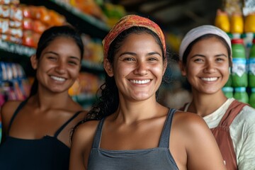 Happy store employees standing in front of their grocery store, Generative AI