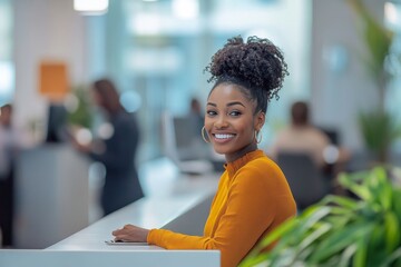 Smiling african american professionals engaging in a cheerful conversation at a modern office reception area, Generative AI