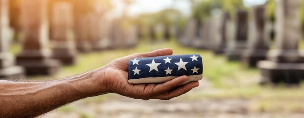 Hand holding a patriotic symbol outdoors at a cemetery with monuments.