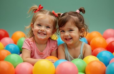 Young child plays joyfully in a colorful ball pit indoors. A toddler happily holds two balls while sitting in a playful array of colorful balls inside a cozy room.