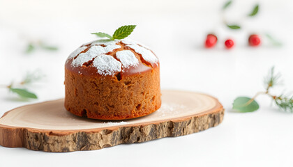 Mini panettone on a piece of wood on a white background.