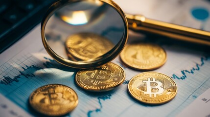 Close-up of gold bitcoins scattered on a financial graph with a magnifying glass.