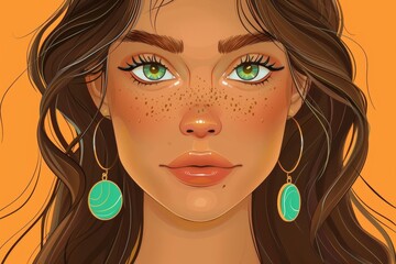 An illustration of a young woman with striking blue eyes and bold features, representing modern beauty and elegance.