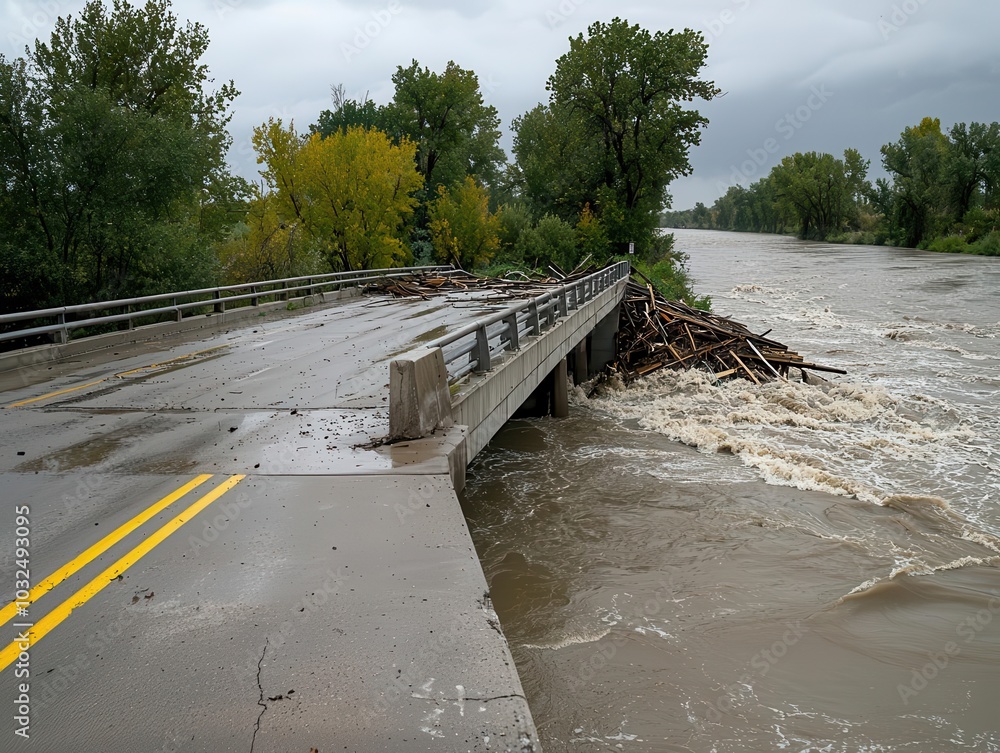 Photo Stock A bridge collapsing under the weight of fast-moving ...