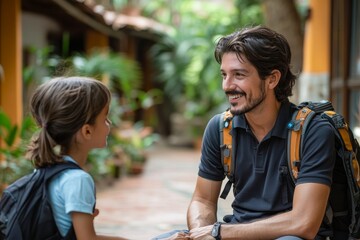 Mentor talking to a young school kid outside class, Generative AI