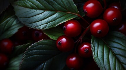 Wall Mural - Close-up of red berries on a branch with green leaves.