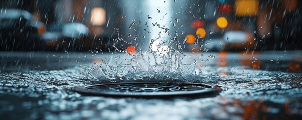 a powerful flood bursting through city drainage systems, with water shooting up from manholes, urban