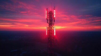 4g and 5g cellular telecommunication tower, glowing digita technology
