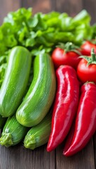 Fresh green zucchini, red peppers, and tomatoes on a wooden surface.