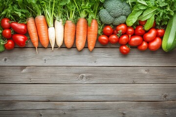 Wall Mural - Freshly picked vegetables: carrots, radishes, tomatoes, and broccoli, arranged on a rustic wooden surface.