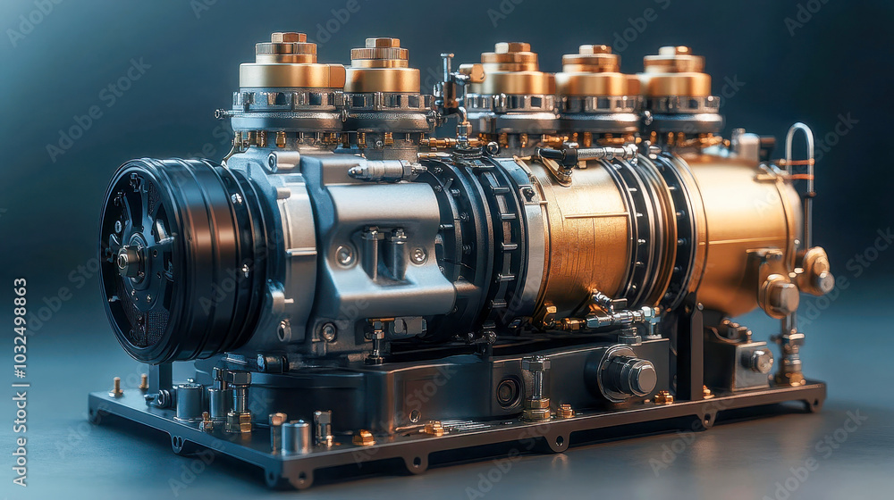 Compressor Rear View A detailed view of an air compressor system, isolated with a ...