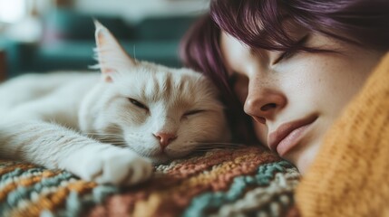 A serene moment with a woman and her white cat lying on a multicolored blanket, expressing a beautiful bond and tranquil intimacy in a cozy setting.