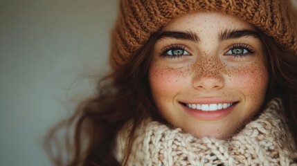 A cheerful woman with a vibrant smile wearing a brown knitted hat and scarf, setting an inviting atmosphere of warmth and joy during the colder months.