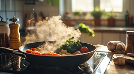 A frying pan on a stovetop with steam rising as fresh ingredients cook, illustrating the warmth and comfort of homemade meals.