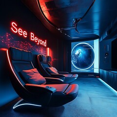 Canvas Print - Futuristic Interior Design with Red Neon Sign and Earth View.