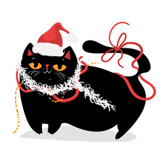 Christmas kawaii Black Cat with Santa Hat, purrfect holidays, sarcasm greeting card, Funny and Playful Cartoon Illustration.