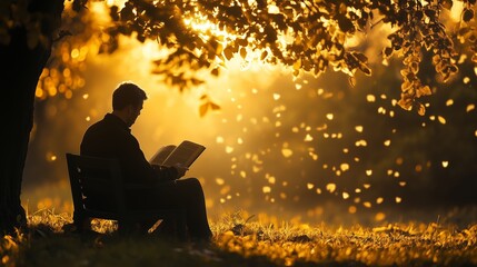 Sticker - A man reading a book under a tree surrounded by golden autumn leaves in a serene park during sunset