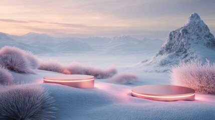 Aufkleber - A serene snowy landscape is illuminated by soft pink light from two circular platforms. Distant mountains rise under a twilight sky, creating a peaceful atmosphere as the snow glistens.