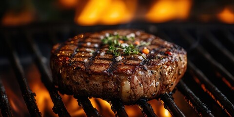 Juicy grilled steak cooked to perfection on a sizzling barbecue grill with flames in the background, garnished with herbs and spices.