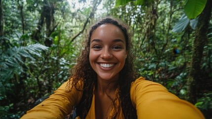 Happy Woman Taking Selfie in Lush Green Rainforest