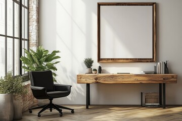 Elegant minimalist workspace with natural wood console and black chair, perfect for a calm and focused work environment. Mock up paitnings, Generative AI