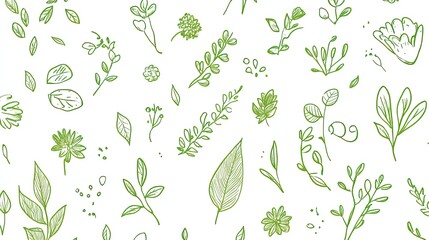 White background with green doodle sketches of plants, flowers, and natural elements, giving a fresh, eco-friendly vibe.