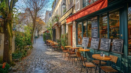 Cozy cafe with outdoor seating nestled in a charming street, showcasing urban life