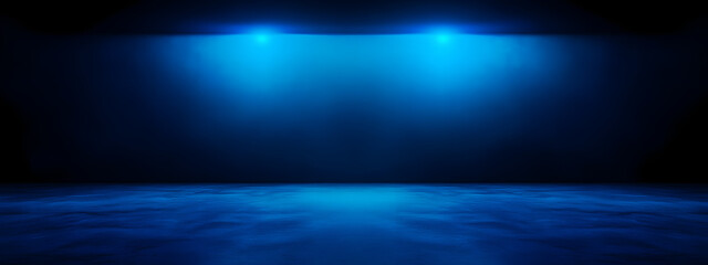 Wall Mural - Abstract wall studio room blue background for displaying your products. Dark empty scene, blue neon searchlight light.