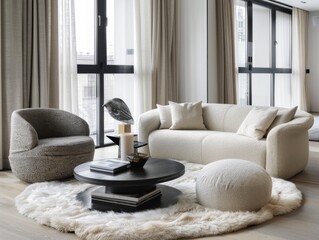 Minimalist, scandinavian style interior design of modern living room. Beige sofa and accent armchairs on fur rug.