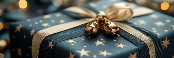 Wall Mural - Beautifully wrapped blue gift box with gold stars and bells on a festive background