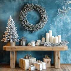 Wall Mural - Aesthetic composition of christmas living room interior with wooden console, christmas gifts, candle with candlestick, christmas tree, and personal accessories. Home decor, Generative AI